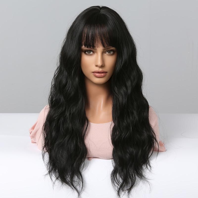 Long Wavy Curly Wigs with Bangs Synthetic Fiber Hair for Daily or Cosplay Party
