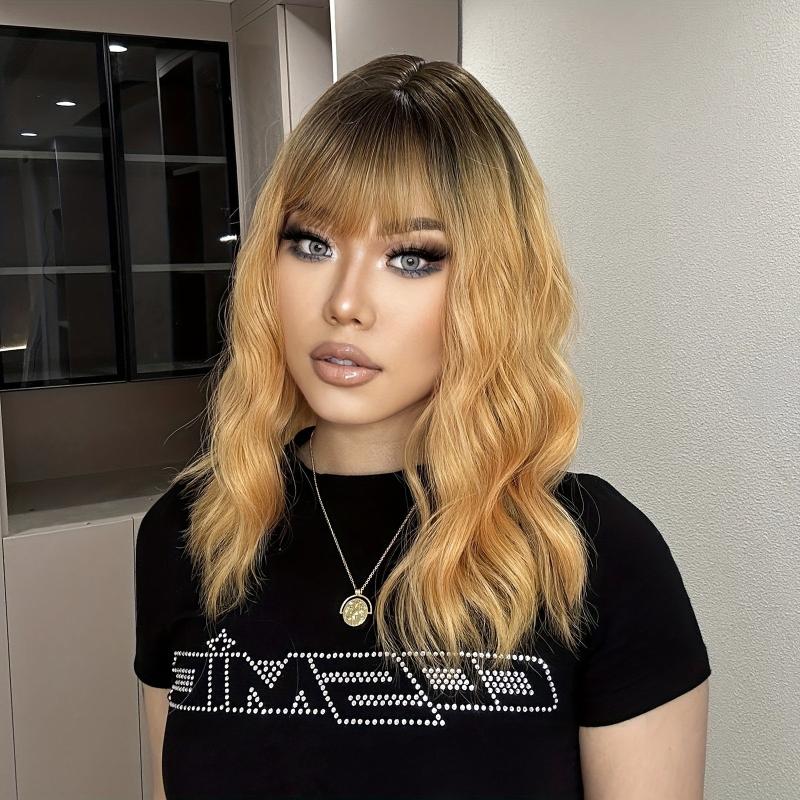 Blonde Long Curly Wavy Wig with Bangs for Women Synthetic Hair for Daily Party