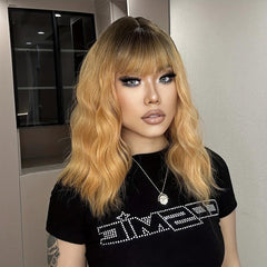 Blonde Long Curly Wavy Wig with Bangs for Women Synthetic Hair for Daily Party