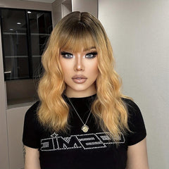 Blonde Long Curly Wavy Wig with Bangs for Women Synthetic Hair for Daily Party