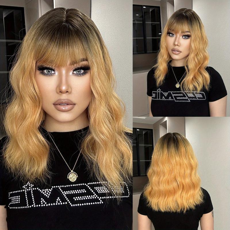 Blonde Long Curly Wavy Wig with Bangs for Women Synthetic Hair for Daily Party