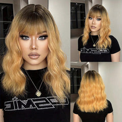 Blonde Long Curly Wavy Wig with Bangs for Women Synthetic Hair for Daily Party