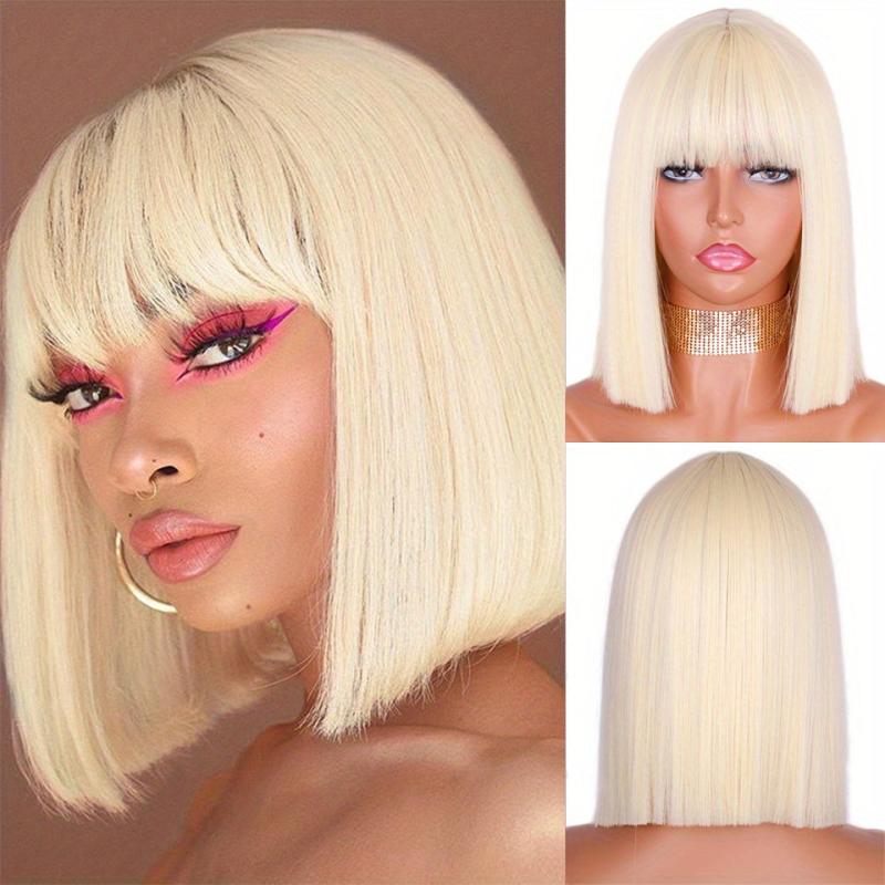 Natural Looking Short Straight Bob Synthetic Wig With Bangs For Women