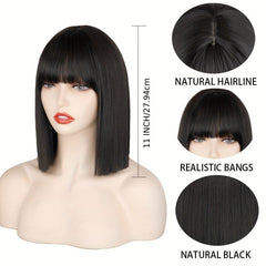 Natural Looking Short Straight Bob Synthetic Wig With Bangs For Women