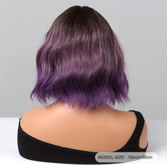 Long Wavy Curly Hair Wig Brown Ombre Purple 35 56 Cm with Bangs