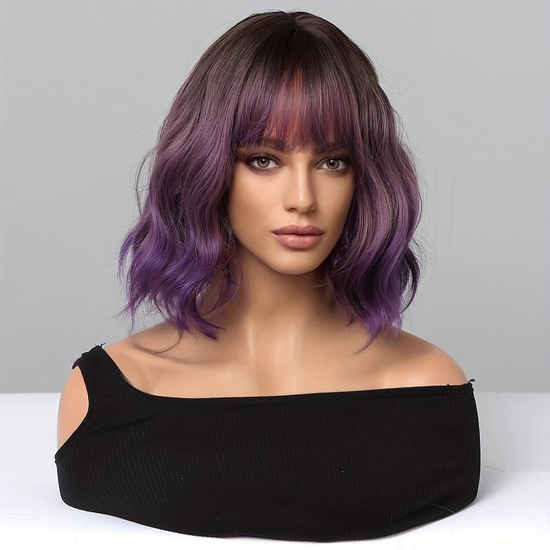 Long Wavy Curly Hair Wig Brown Ombre Purple 35 56 Cm with Bangs