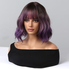 Long Wavy Curly Hair Wig Brown Ombre Purple 35 56 Cm with Bangs