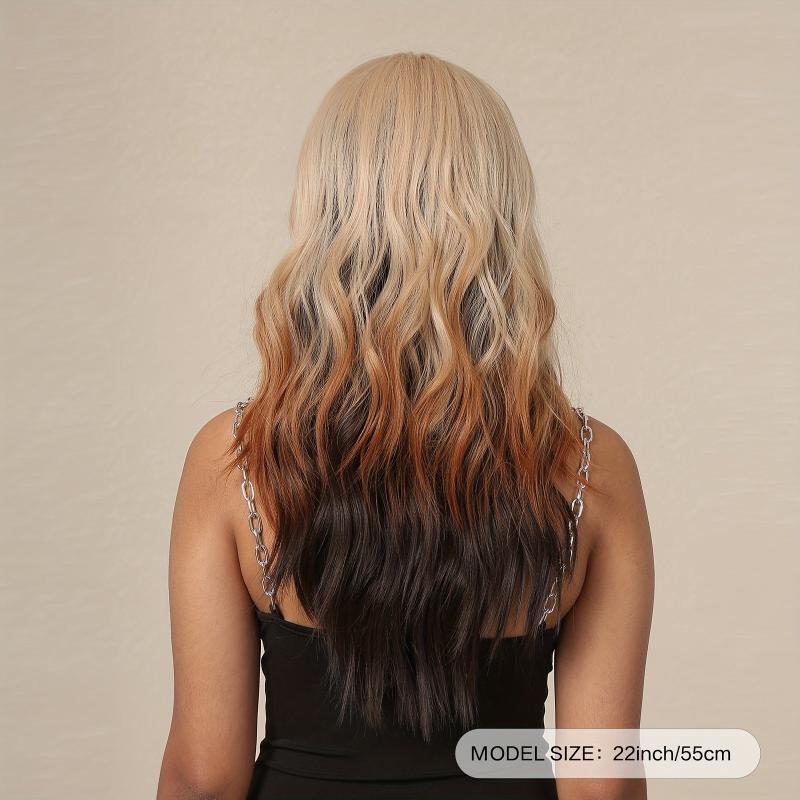 Ombre 55 88 Cm Long Curly Hair Wigs With Bangs Synthetic Fiber Wavy Wigs