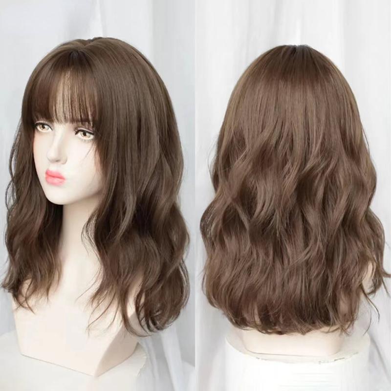 Curly Wavy Hair Wig Shoulder Length With Bangs Synthetic Fiber Natural Look