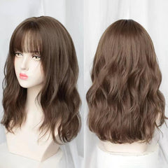 Curly Wavy Hair Wig Shoulder Length With Bangs Synthetic Fiber Natural Look