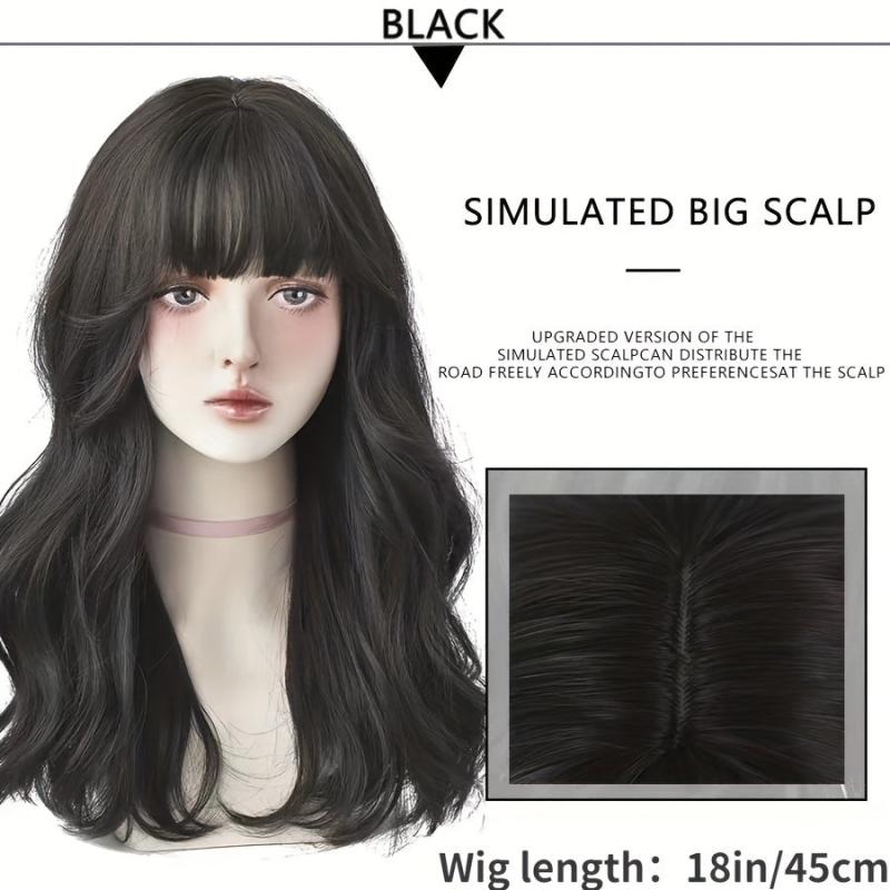 Curly Wavy Hair Wig Shoulder Length With Bangs Synthetic Fiber Natural Look