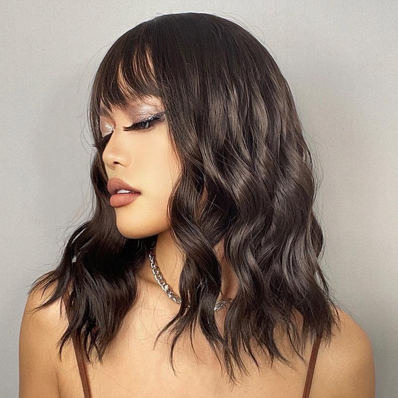 Curly Wavy Hair Wig Shoulder Length With Bangs Synthetic Fiber Natural Look