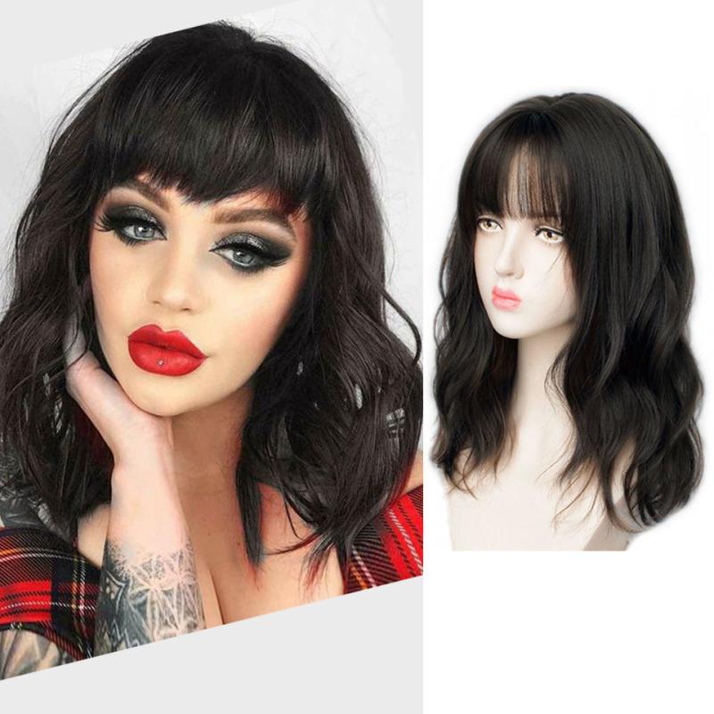 Curly Wavy Hair Wig Shoulder Length With Bangs Synthetic Fiber Natural Look