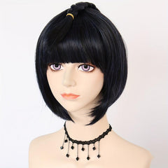 Short Straight Hair Wigs with Bangs Synthetic Navy Mixed Hair Wigs for Cosplay