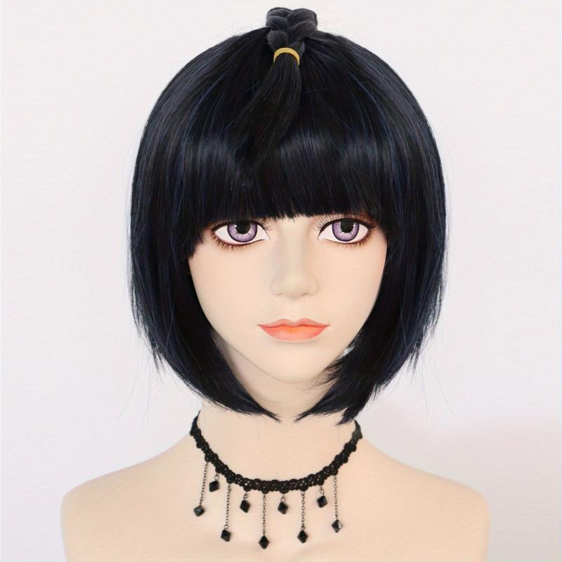 Short Straight Hair Wigs with Bangs Synthetic Navy Mixed Hair Wigs for Cosplay