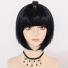 Short Straight Hair Wigs with Bangs Synthetic Navy Mixed Hair Wigs for Cosplay