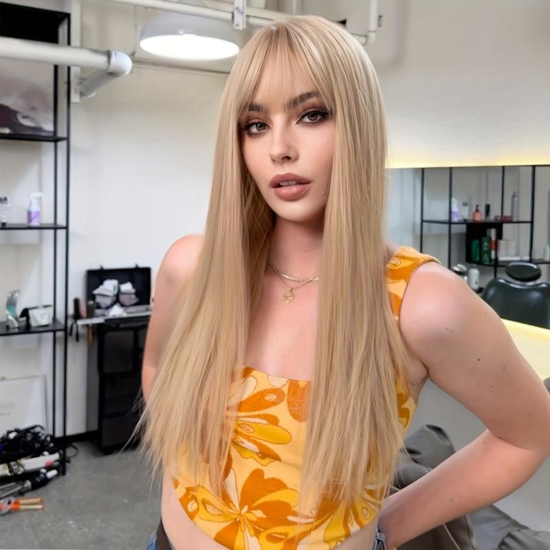 60 96 Cm Blonde Straight Wigs With Bangs For Party Cosplay