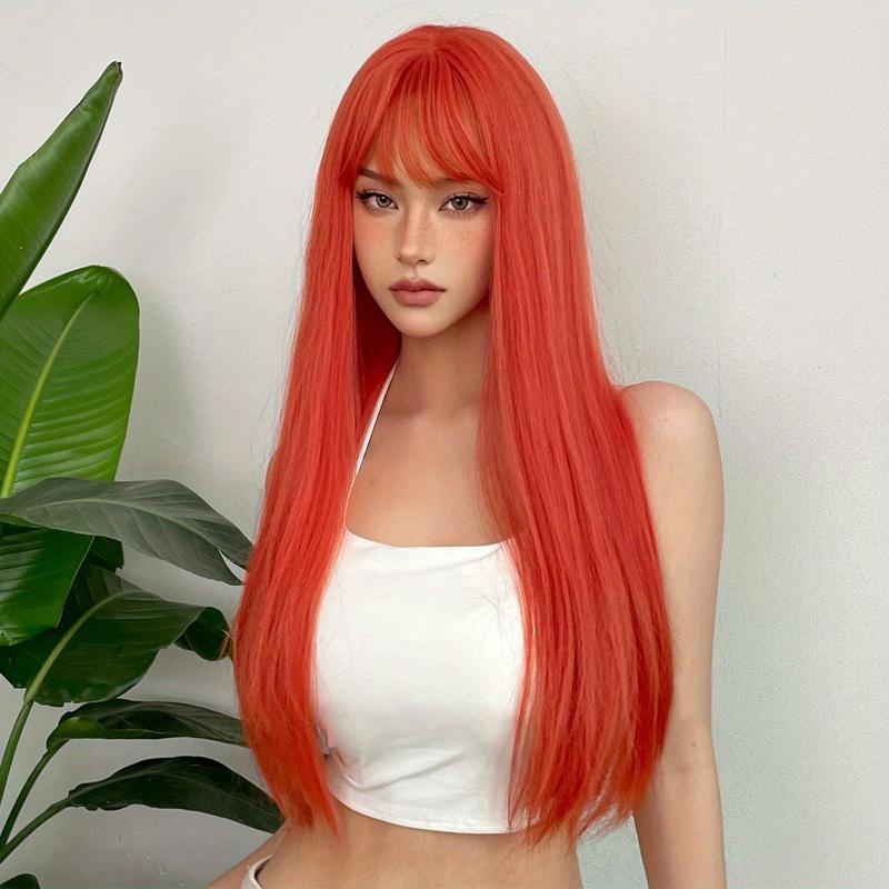 66cm Orange Red Straight Hair Wigs With Bangs Synthetic Hair Replacement