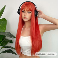 66cm Orange Red Straight Hair Wigs With Bangs Synthetic Hair Replacement
