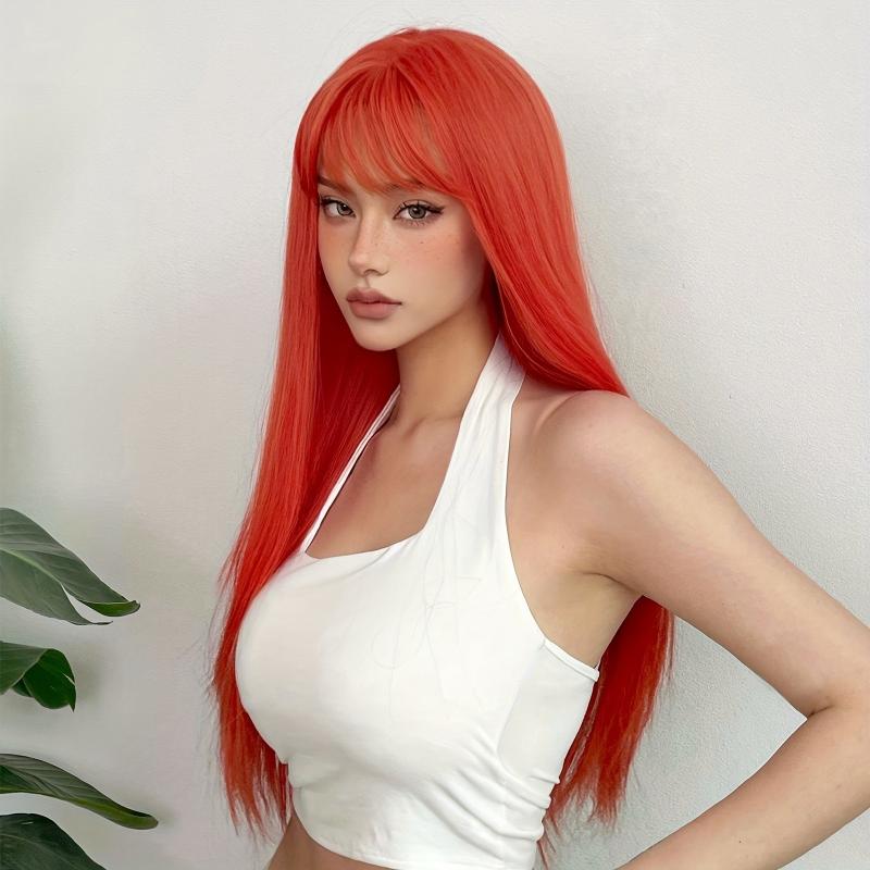 66cm Orange Red Straight Hair Wigs With Bangs Synthetic Hair Replacement