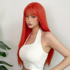 66cm Orange Red Straight Hair Wigs With Bangs Synthetic Hair Replacement