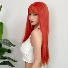 66cm Orange Red Straight Hair Wigs With Bangs Synthetic Hair Replacement