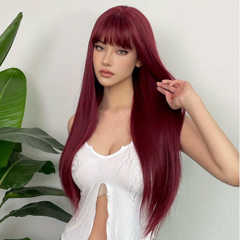 66cm Orange Red Straight Hair Wigs With Bangs Synthetic Hair Replacement