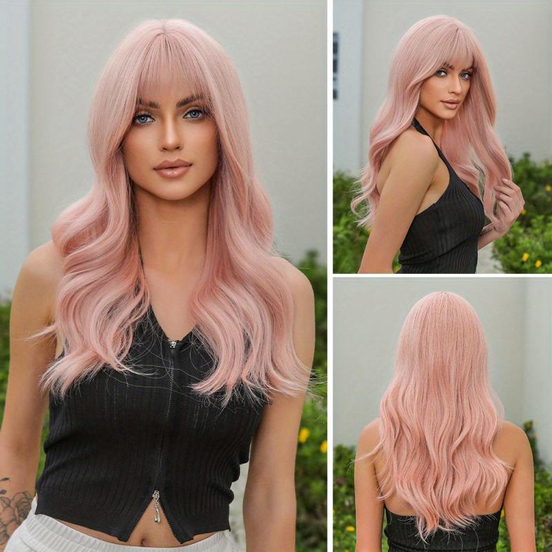 Brown Long Straight Hair Wig With Bangs Synthetic Fiber Wavy Wig