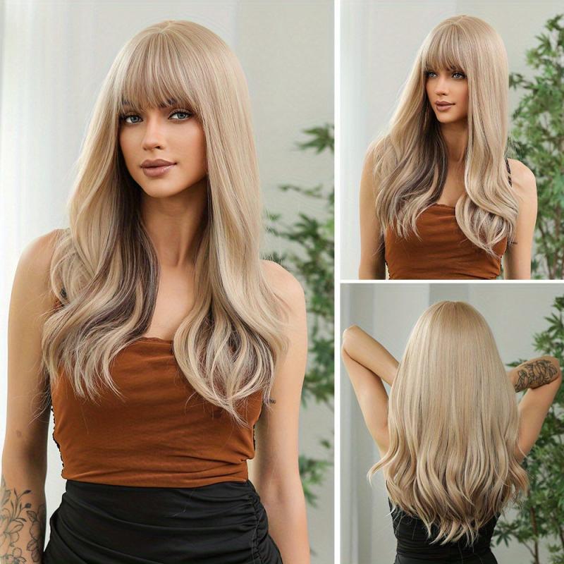 Brown Long Straight Hair Wig With Bangs Synthetic Fiber Wavy Wig