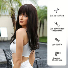 Brown Long Straight Hair Wig With Bangs Synthetic Fiber Wavy Wig
