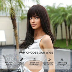 Brown Long Straight Hair Wig With Bangs Synthetic Fiber Wavy Wig