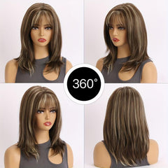 Layered Highlight Straight Wig With Bangs Synthetic Wig Heat Resistant