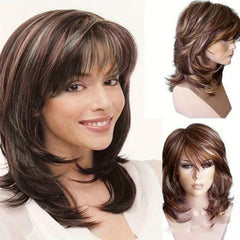 Layered Highlight Straight Wig With Bangs Synthetic Wig Heat Resistant