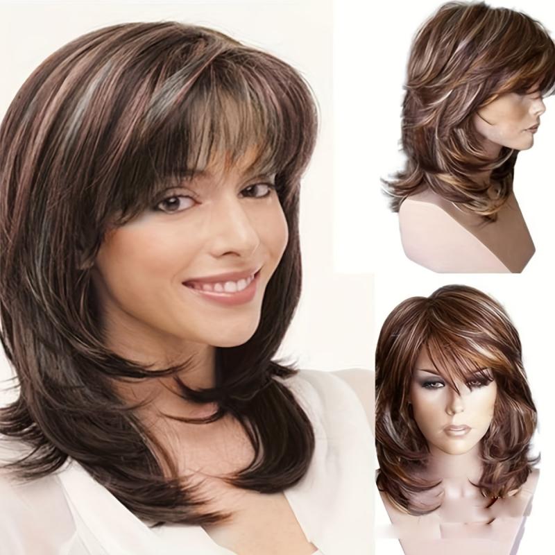 Layered Highlight Straight Wig With Bangs Synthetic Wig Heat Resistant