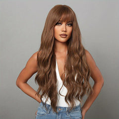 28 Inch Long Brown Gradient Curly Hair With Bangs Synthetic Wig