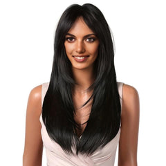 Long Straight Synthetic Wig With Bangs Golden Mix Brown Layered Wigs