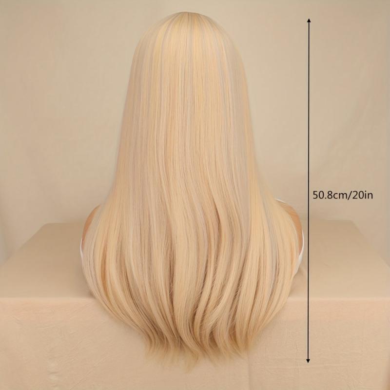 Long Straight Synthetic Wig With Bangs Golden Mix Brown Layered Wigs