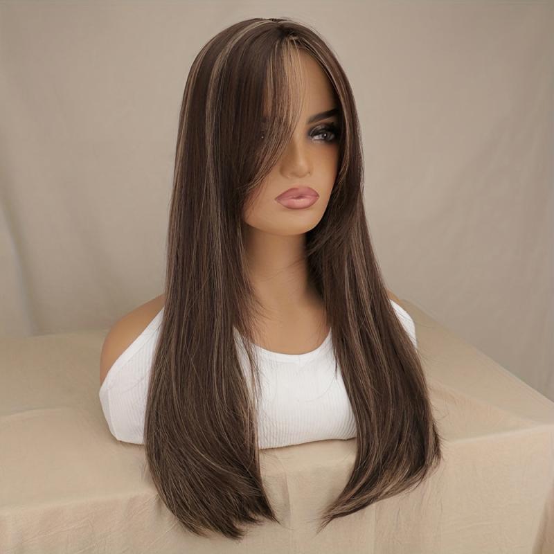 Long Straight Synthetic Wig With Bangs Golden Mix Brown Layered Wigs