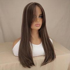 Long Straight Synthetic Wig With Bangs Golden Mix Brown Layered Wigs
