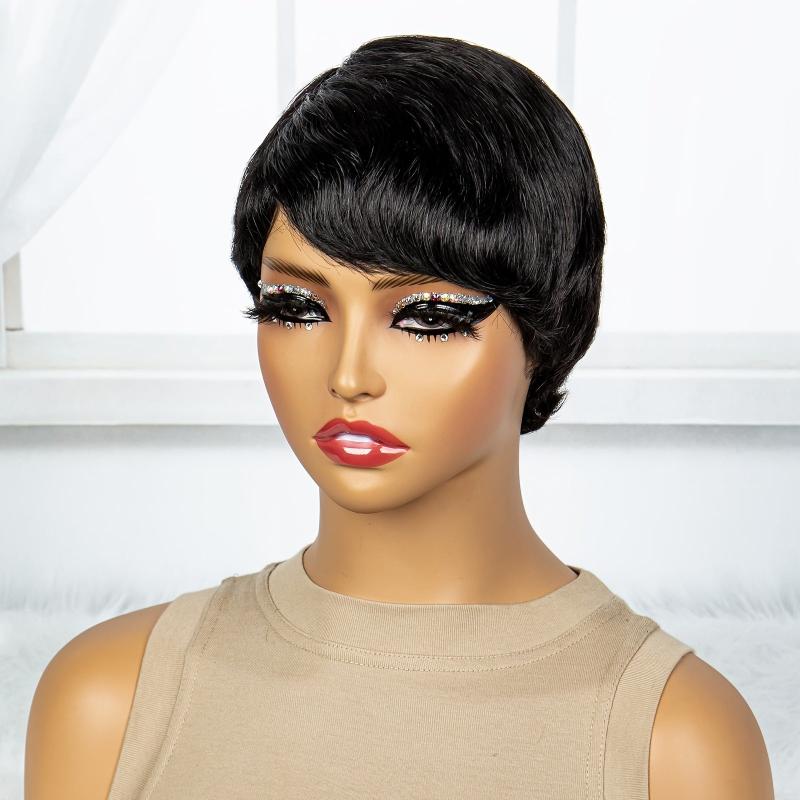 Short Wavy Pixie Cut Human Hair Wig 180 Density