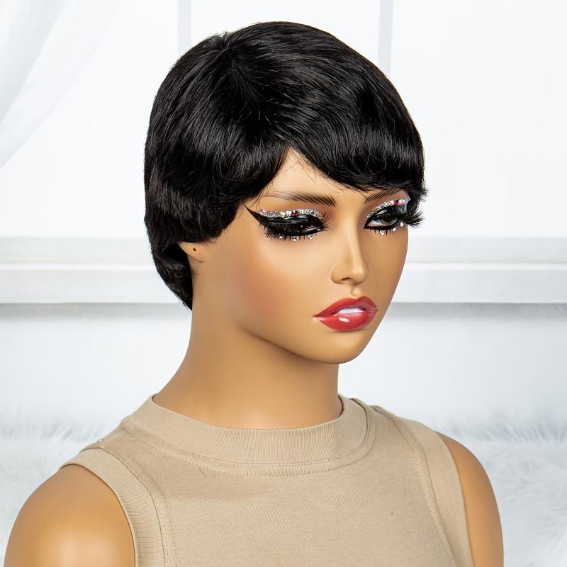 Short Wavy Pixie Cut Human Hair Wig 180 Density