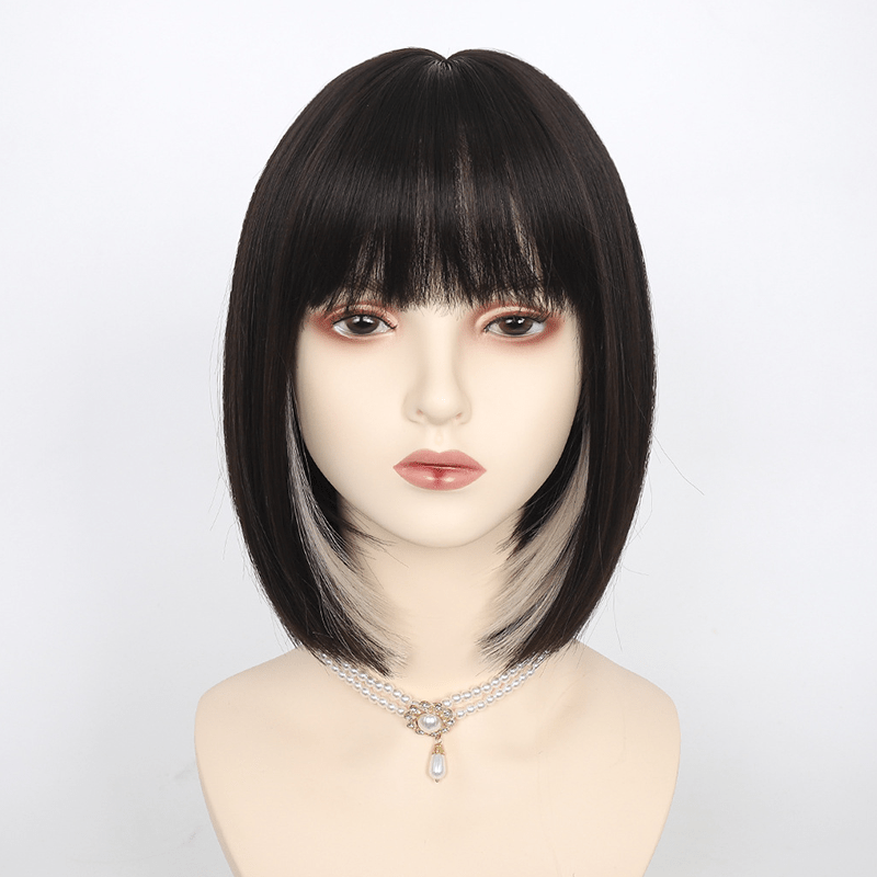 Short Straight Bob Cut Wig With Bangs Synthetic Wig