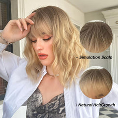 30 48 cm Curly Short Wavy Bob Mix Blonde Wig With Bangs for Women