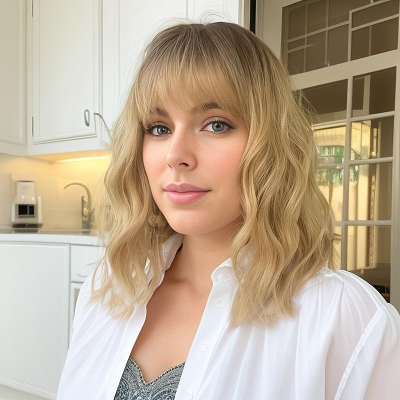 30 48 cm Curly Short Wavy Bob Mix Blonde Wig With Bangs for Women