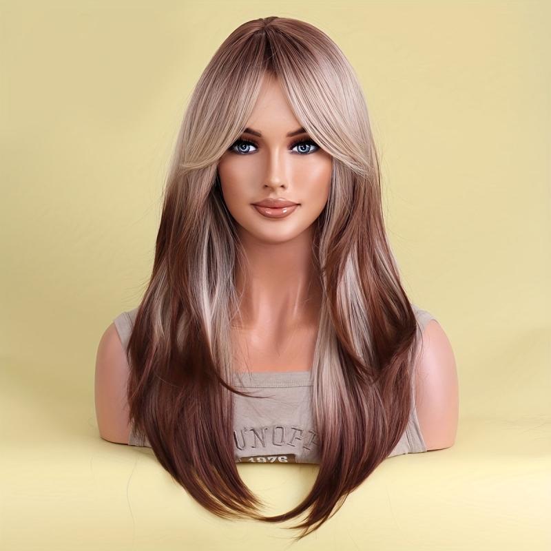 Ombre Long Curly Synthetic Wig With Bangs Heat Resistant Fashionable
