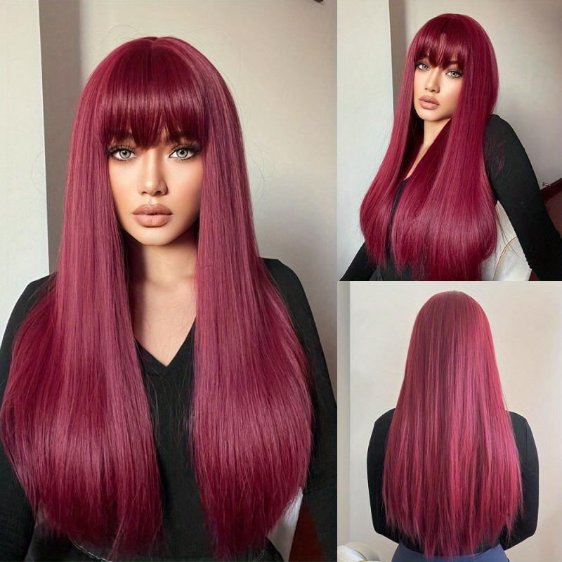 Orange Long Straight Hair Wigs With Bangs Heat Resistant Synthetic Costume
