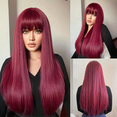 Orange Long Straight Hair Wigs With Bangs Heat Resistant Synthetic Costume