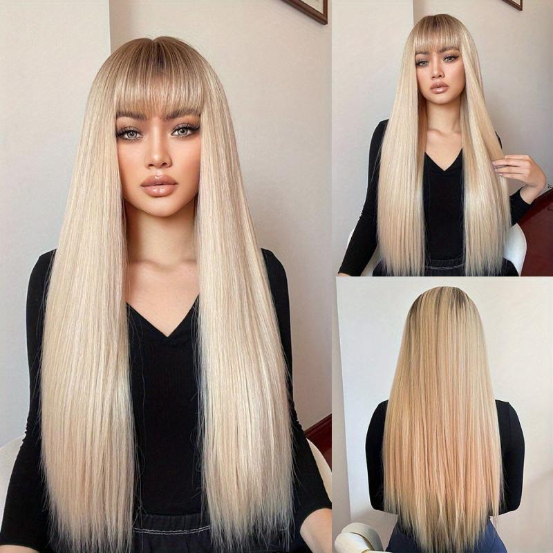 Orange Long Straight Hair Wigs With Bangs Heat Resistant Synthetic Costume