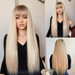 Orange Long Straight Hair Wigs With Bangs Heat Resistant Synthetic Costume