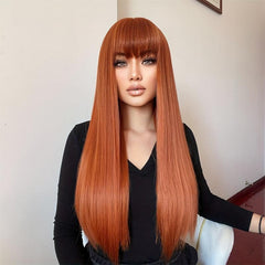 Orange Long Straight Hair Wigs With Bangs Heat Resistant Synthetic Costume
